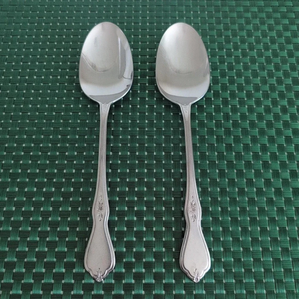 Oneida MORNING BLOSSOM Solid Serving Spoons Set Lot of 2 Stainless Burnished Vtg